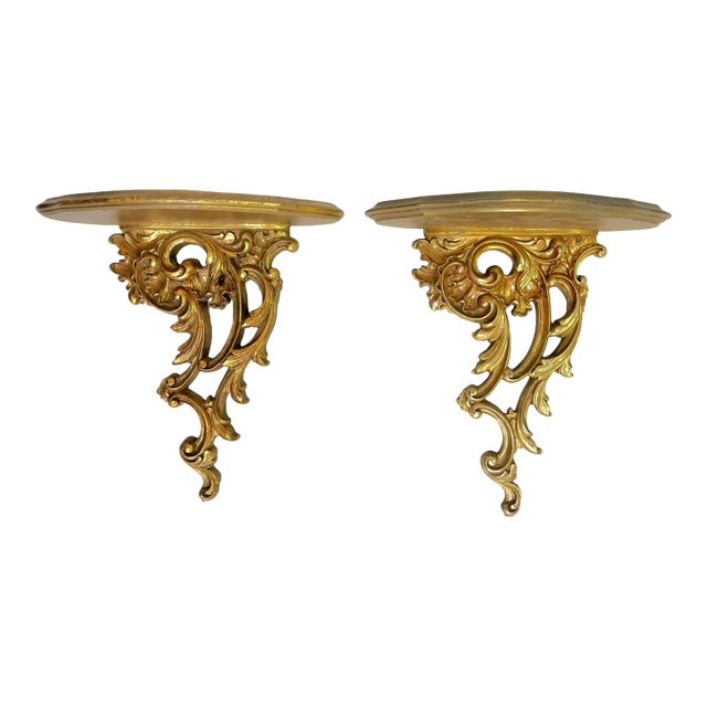 Vintage Italian Rococo Gold Finish Wood Wall Brackets- a Pair For Sale