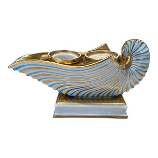 Mid 19th Century Antique Bavarian r.p.m (Germany) Nautilus Shell Porcelain Inkwell in Blue and Gold For Sale