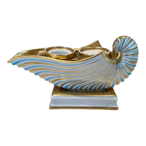 Mid 19th Century Antique Bavarian r.p.m (Germany) Nautilus Shell Porcelain Inkwell in Blue and Gold