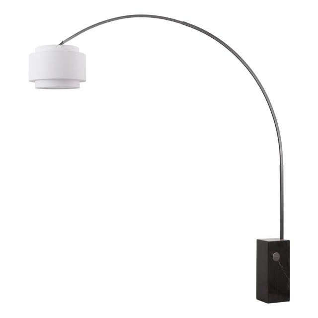 Iconic 92" Coronado Dimmable Arc Floor Lamp by Nova - Mid-Century Modern, Black Nickel Finish, Handcrafted Black Marble Base, White Linen Drum Shade For Sale