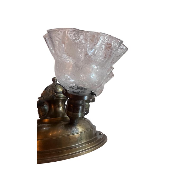 Victorian Victorian Acid Etched 4 Light Fixture With Large Acanthus Leaf Center, Circa 1910 For Sale - Image 3 of 6