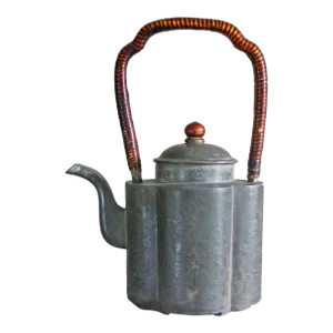 Antique Chinese Qing Dynasty Etched Pewter Teapot Bamboo Handle