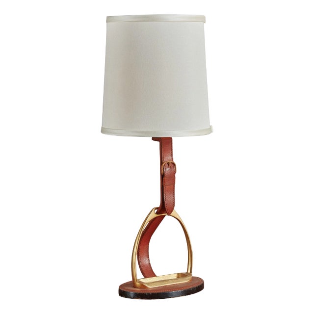 Leather + Brass Table Lamp by Longchamp, France 1950s For Sale