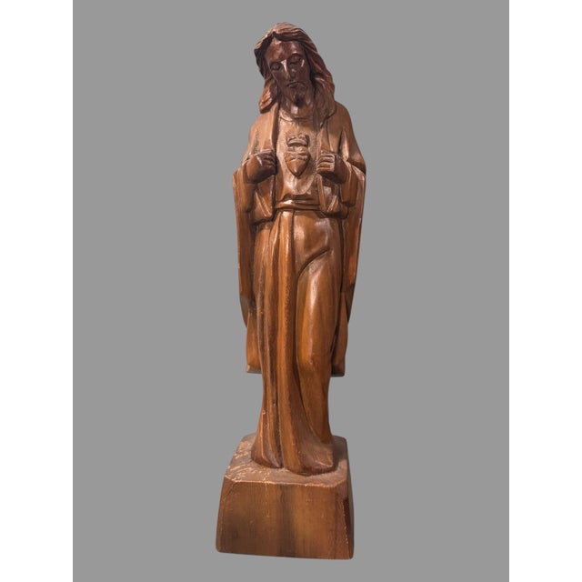 Wood Vintage Hand Carved Wooden 17" Statue Sculpture Sacred Heart of Jesus For Sale - Image 7 of 8