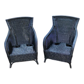 Late 20th Century Wicker Patio Chairs Black - A Pair For Sale