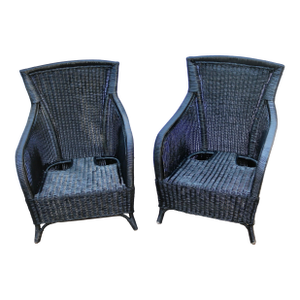 Late 20th Century Wicker Patio Chairs Black - A Pair