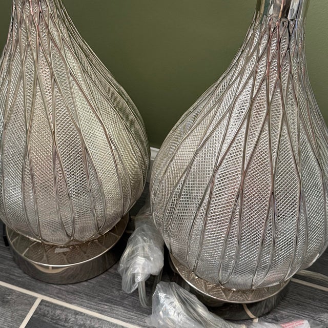 Vintage Pair Chapman Luxury Silver Teardrop Glass Table Lamps Heavy Ribbed Decor For Sale - Image 9 of 11