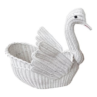 1970s Monumental White Wicker Swan Basket or Planter, Palm Beach Style For Sale