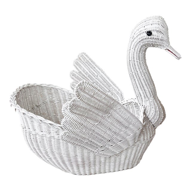 1970s Monumental White Wicker Swan Basket or Planter, Palm Beach Style For Sale