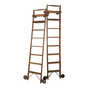 Pair 19thc Tall Haberdashery Tall Rolling Industrial Solid Oak Ladders