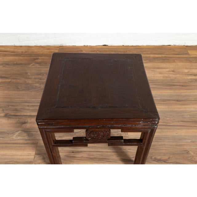 Chocolate Chinese Vintage Qing Style Side Table with Dark Patina and Carved Medallions For Sale - Image 8 of 13