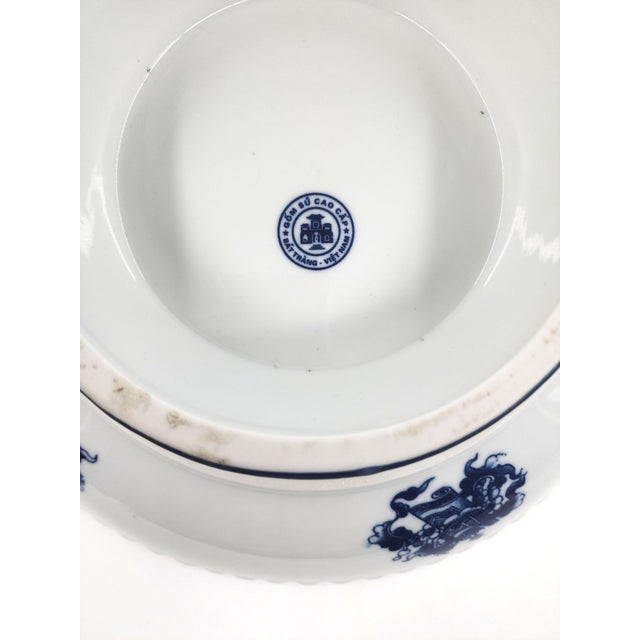 Late 20th Century Hand-Painted Bat Trang Blue & White Porcelain Pedestal Serving Dish With Dragon Motif For Sale - Image 13 of 13