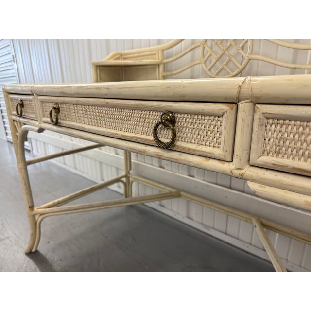 Cream Late 20th Century Hekman Chinoiserie Style Faux Bamboo & Rattan Desk For Sale - Image 8 of 14