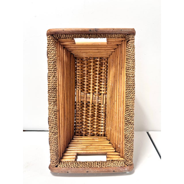 Wood Vintage Rattan & Woven Reed Rectangular Basket – Coastal, Boho, Organic Modern Storage For Sale - Image 7 of 12