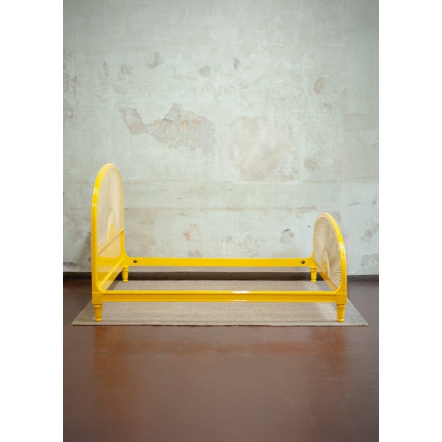 Cream Yellow Lacquered Wooden Bed with Vienna Straw, 1980s For Sale - Image 8 of 8