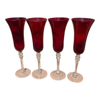 Vintage Ruby Red Ribbed Champagne Flutes - Set of 4 For Sale