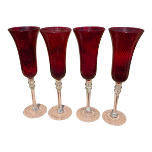 Vintage Ruby Red Ribbed Champagne Flutes - Set of 4