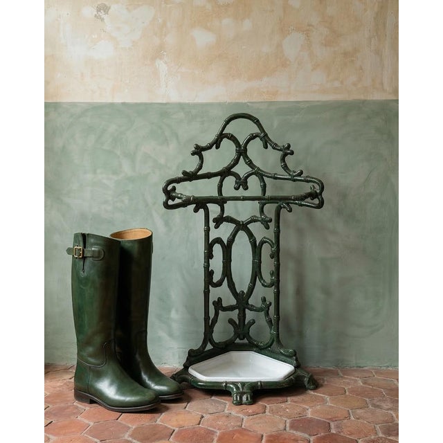 Antique french dark green enameled cast iron umbrella stand or walking stick holder, ca. 1890-1900. A good looking cast...