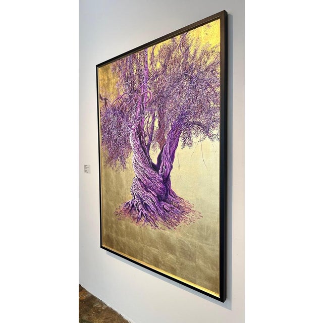 Early 21st Century Anastasia Gklava, Grandiose, Realist Purple & Lavender Olive Tree, 2022, Oil & Gold Leaf Canvas For Sale - Image 5 of 18
