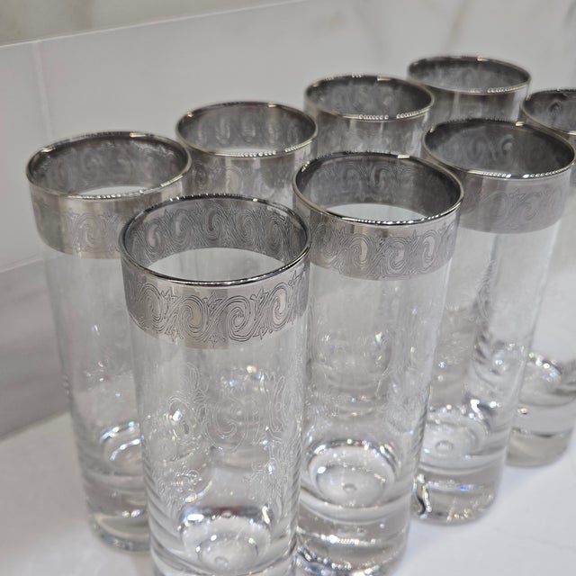 Mid 20th Century Vintage Etched Floral Highball Glasses With Silver Overlay Scroll Rims and Bubble Bases, Set of 8 For Sale - Image 5 of 11