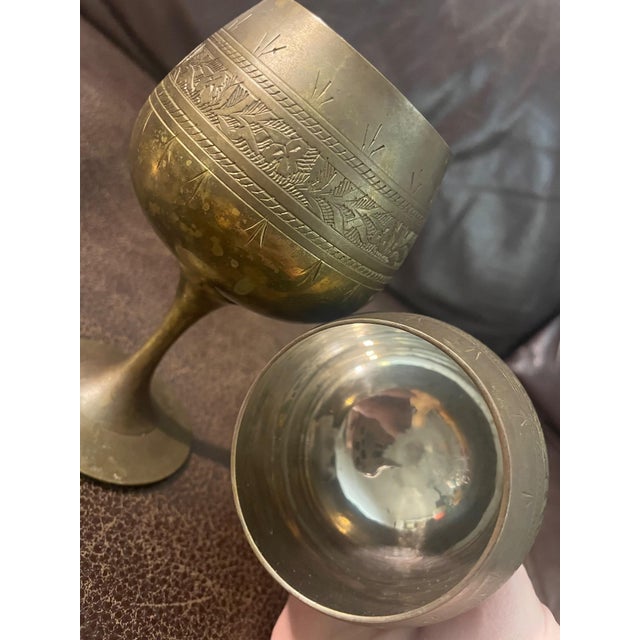 Traditional Vintage Etched Brass Goblet Floral Engraved Boho Chalice Cups - Set of 2 For Sale - Image 3 of 5