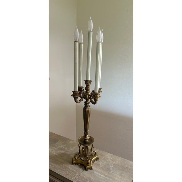 Vintage Hollywood Regency, Very Heavy Brass Scrolled 5 Light Electric Candelabra 34" High Great on a Grand Piano or...