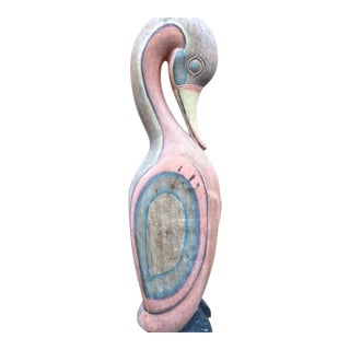 Vintage Postmodern Carved Wood Pelican Sculpture in Pastel Coastal Colors For Sale