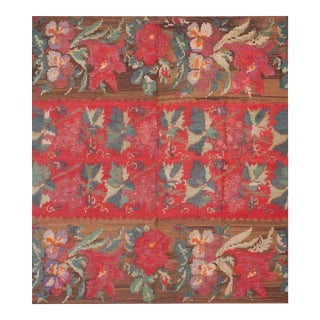 1900s Red Raspberry Floral Antique Kilim European Besserabian Flat-Weave 6'7''x 7' Wool Carpet Rug For Sale