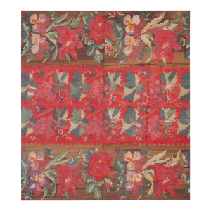 1900s Red Raspberry Floral Antique Kilim European Besserabian Flat-Weave 6'7''x 7' Wool Carpet Rug