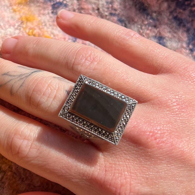 Antique Art Deco Onyx Marcasite Cocktail Ring, C. 1920, Size 8 For Sale - Image 9 of 11