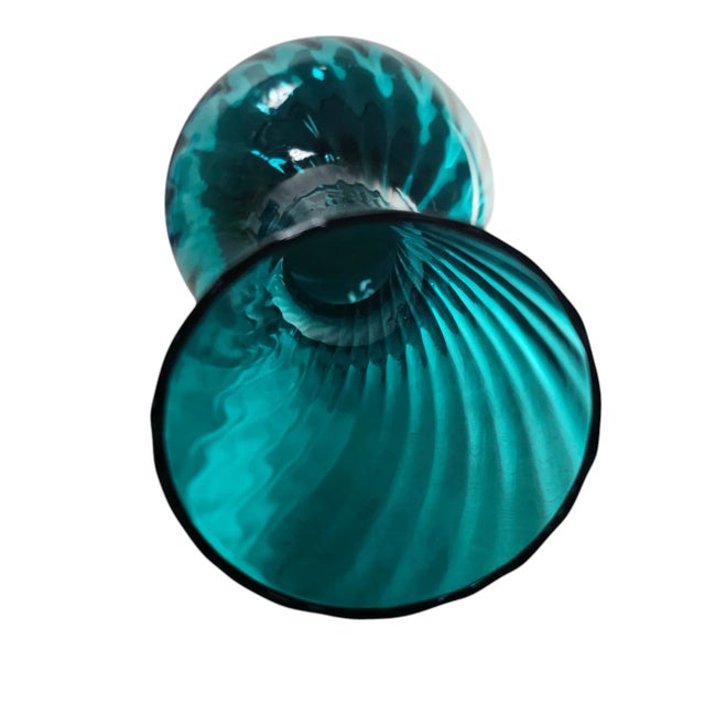 Glass Italian Empoli Teal Turquoise Blue Optic Swirl Vase 13” Pedestal Base Art Glass For Sale - Image 7 of 8