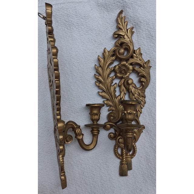 1960s Vintage 1962 Burwood Products Co. Matched Pair Gold Rococo Wall Candle Sconces — Hollywood Regency, Made in Usa For Sale - Image 5 of 13