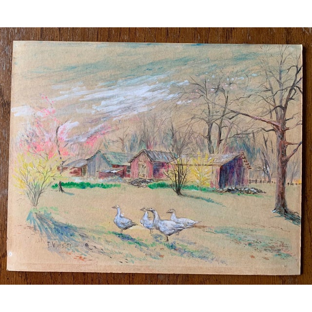 Almond 1960s Vintage Original Painting on Board of a Farm Landscape For Sale - Image 8 of 8
