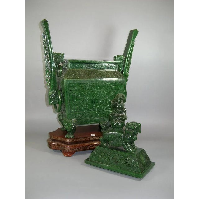 Green Hand-Carved Large Chinese Spinach Jade Green Incense Burner For Sale - Image 8 of 11