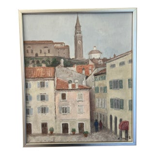 Piran Slovenia Cityscape Painting by Ella Nilsson, C. 1988 For Sale