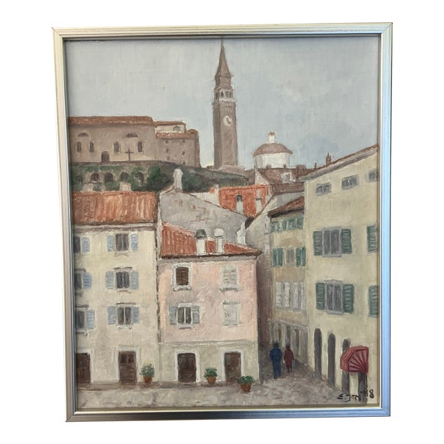 Piran Slovenia Cityscape Painting by Ella Nilsson, C. 1988 For Sale