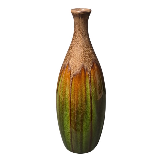 Mid-Century Modern Drip Glaze Pottery Green Earth Tone Vase For Sale