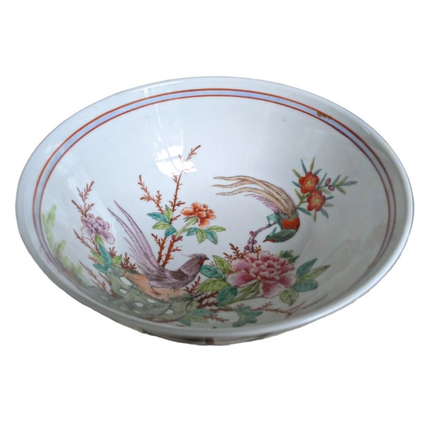 Vintage Chinoiserie Famille Rose Porcelain Chinese Bowl Display on a Plinth, Pedestal, Round Decorator Table, Sideboard,...