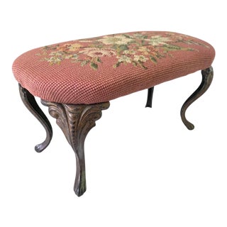 Antique Victorian Cast Iron Foot Stool With Floral Needlepoint For Sale