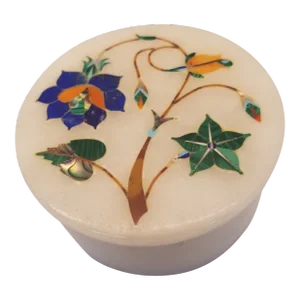Vintage Indian Marble Box Inlaid With Fine Stones