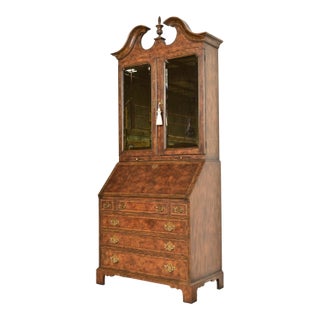 Baker Furniture Georgian Banded Burled Walnut Drop Front Secretary Desk With Bookcase Hutch For Sale