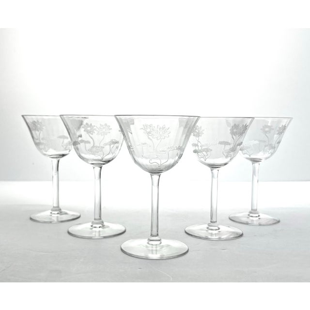 1910s Antique Fostoria “Lotus” 5 Etched Optic Cordial Wine Glasses 4 3/4” 4oz Good antique condition. No chips, cracks, or...