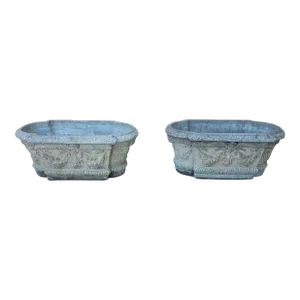 Pair of 1960s Mid Century French Rectangular Concrete Planter With Floral Swag Relief & Cherub Faces