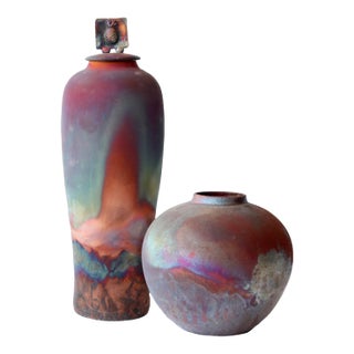Signed Raku Art Pottery Urn & Vase For Sale