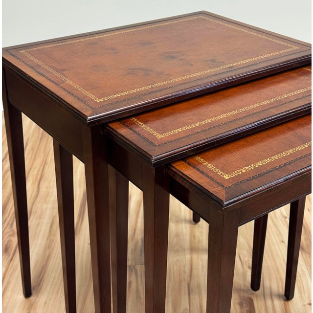 Vintage Heritage-Henredon Leather and Mahogany Nesting Tables, Set of 3 For Sale - Image 11 of 13