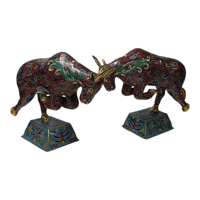 Pair Vintage Chinese Cloisonne Enamel Crimson Red Dynamic Bull Figures For Sale