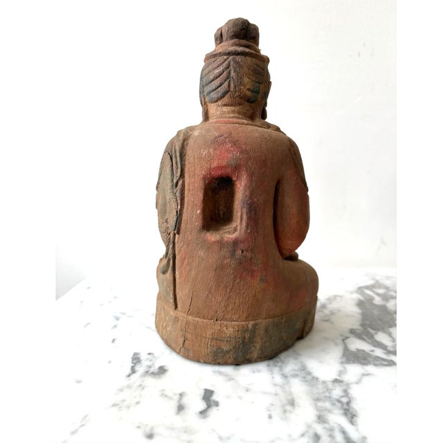 Asian Antique Early 20th Century Guan Yin Meditating Buddha Carved Wood Figure For Sale - Image 3 of 6