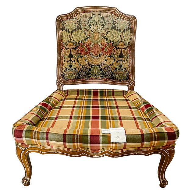 Late 20th Century Louis XV Style Oversized Tapestry & Plaid Slipper Chairs by Wesley Hall - A Pair For Sale - Image 9 of 11