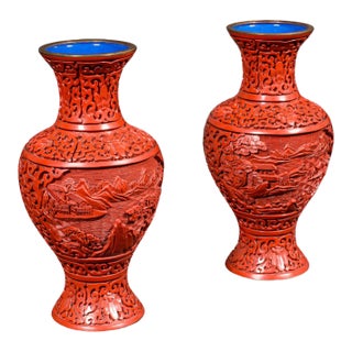 Pair of Vintage Cinnabar Baluster Vases, Oriental, Lacquer, Cloisonne, Posy Urn For Sale
