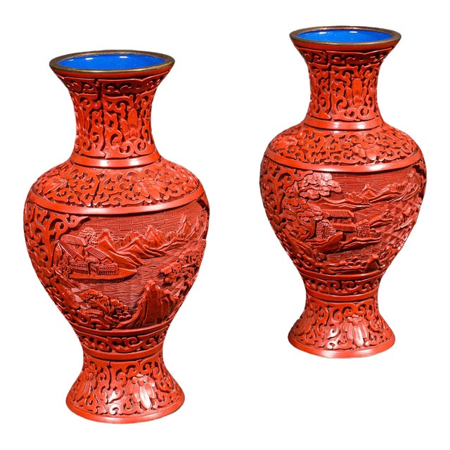 Pair of Vintage Cinnabar Baluster Vases, Oriental, Lacquer, Cloisonne, Posy Urn For Sale